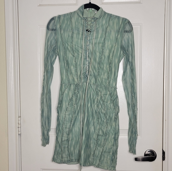 House of CB 'Dylan' Green Colour Ivy Printed Mesh Lace Up Mini Dress - Picture 9 of 14